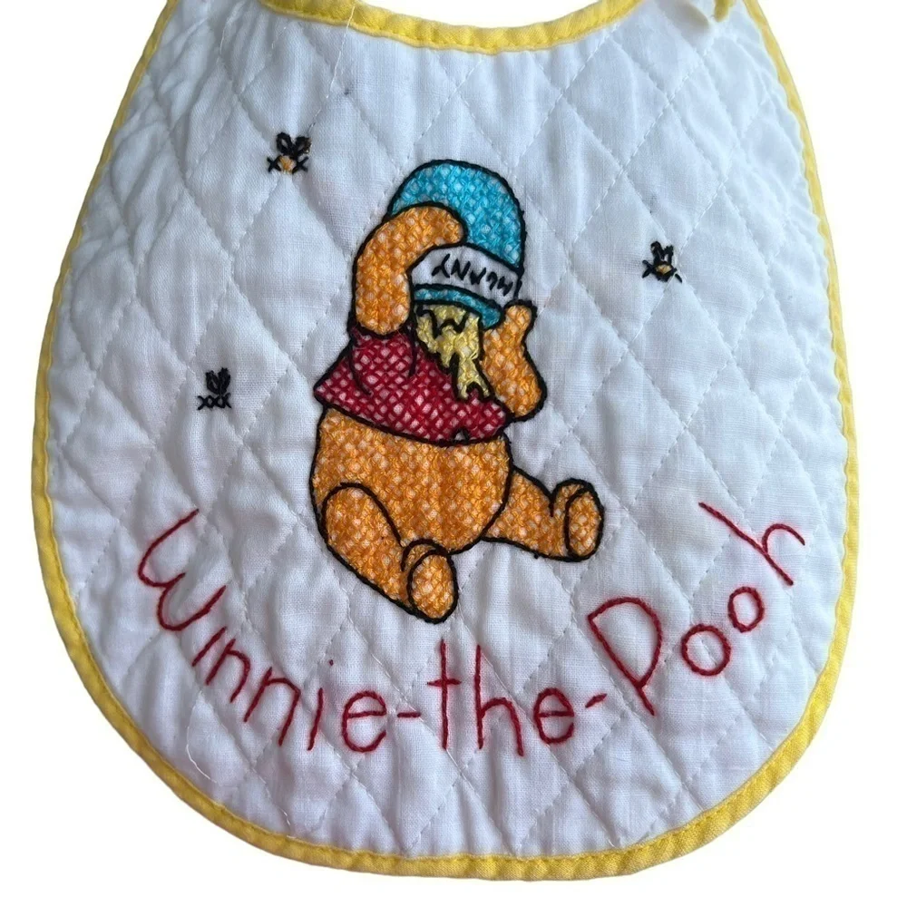 Vtg Disney Winnie The Pooh Honey Pot Bees Quilted Cross Stitch Bib Sears USA GUC